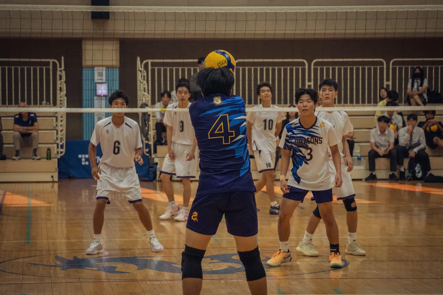 Giocatrice di pallavolo in maglia blu tiene un pallone su un campo indoor.
